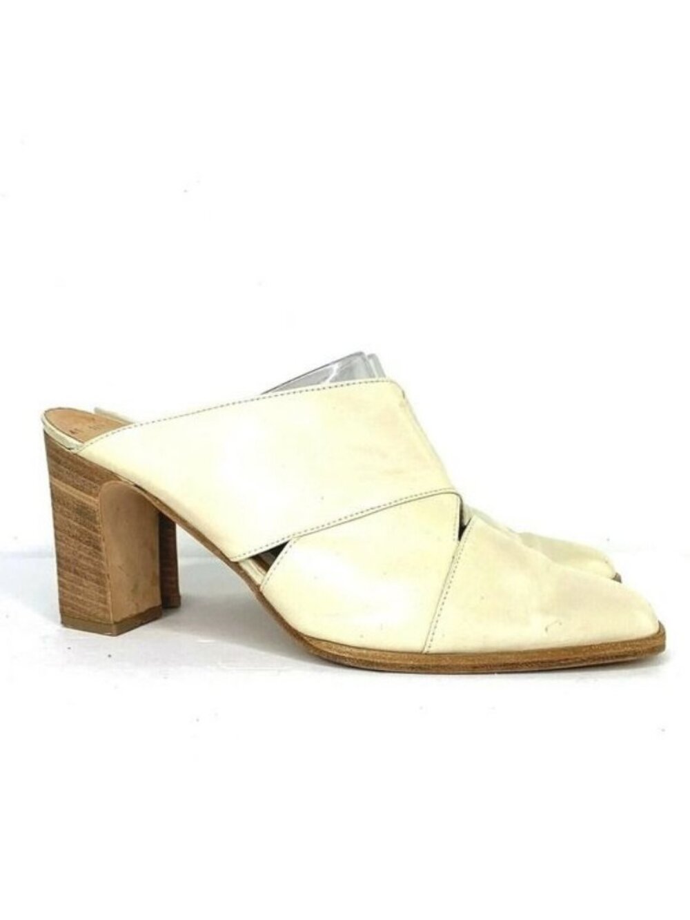 Privilege Spain White Leather Sandals w Wooden Heel Shoes Sz 41 10 Open Toe